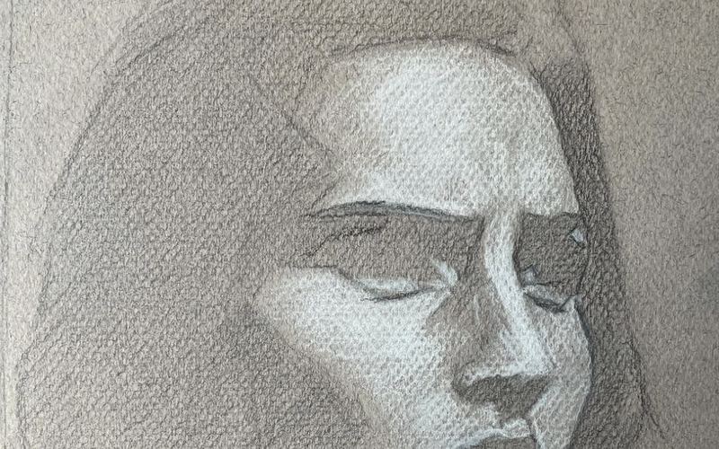 A portrait study in pencil and white chalk on toned paper